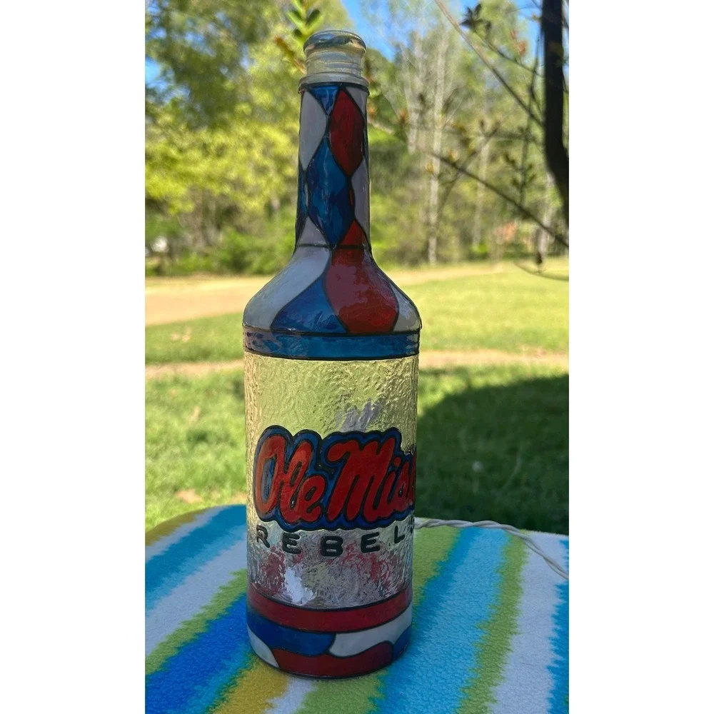 Randam Art Ole Miss Rebels Bottle Lamp 12.5in Red Blue Glass Hand-Painted bottle